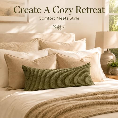 JoraLion 14x36 Boho Decorative Lumbar Throw Pillow Cover, Olive Green Cozy Soft Striped Corduroy Long Rectangle Cushion Case Accent Home Decor for Sofa Bed Room Livingroom, ONLY Cover - color: Olive Green, size: 36" x 14" (Pack of 1)