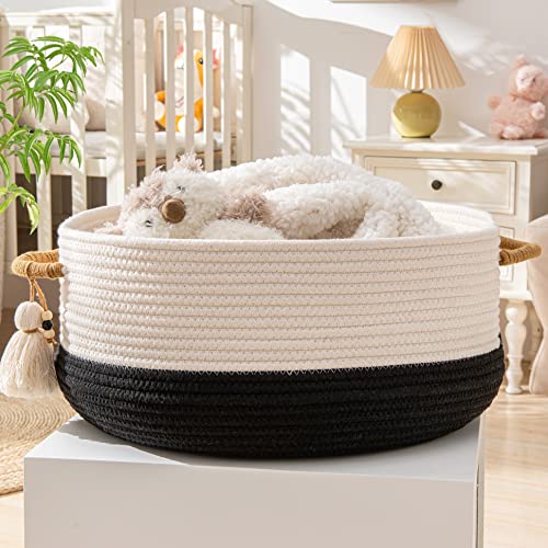 KAKAMAY Woven Baskets for Storage(16"x8"),Blanket Basket for Organizing Living Room,Cotton Rope Basket Woven Baby Laundry Hamper,Collapsible Laundry Room Organization,Clothes,Toy Chest(Black) - color: Black
