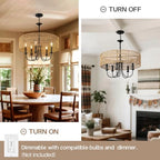24 Inch Farmhouse Rattan Chandelier, Hand-Woven Boho Pendant Light Fixture with Black Metal Frame, Rustic Hanging Ceiling Lighting for Dining Room, Kitchen Island, Living Room, Bedroom - color: Rattan B