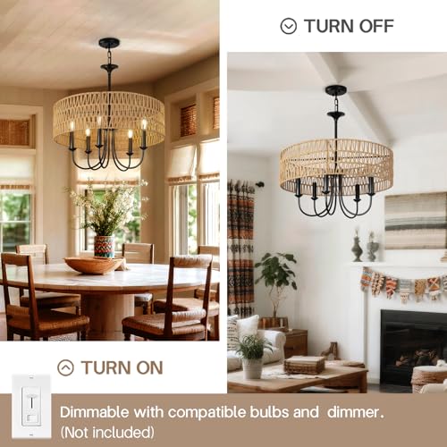 24 Inch Farmhouse Rattan Chandelier, Hand-Woven Boho Pendant Light Fixture with Black Metal Frame, Rustic Hanging Ceiling Lighting for Dining Room, Kitchen Island, Living Room, Bedroom - color: Rattan B