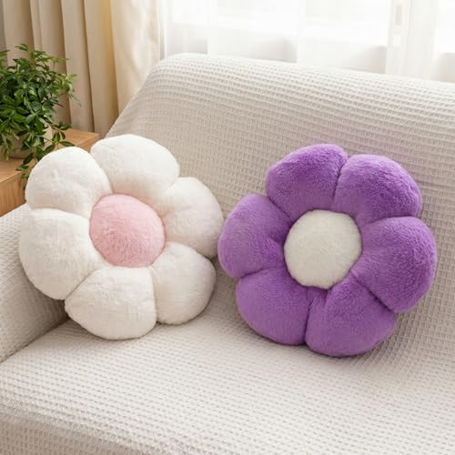2 Pcs Flower Floor Pillow, Daisy Flower Shaped Pillows Set, Cute Decorative Throw Pillows Floor Cushions for Girls Bedroom Bed Couch Preppy Room Decor (White & Purple, 15 INCH) - color: White & Purple