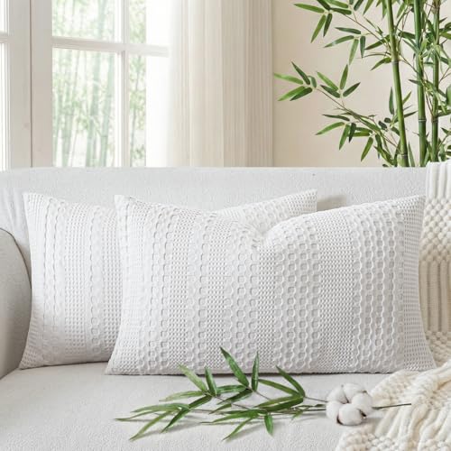 a moment 2 Pack Bamboo Fiber Pillow Covers - Waffle Weave, Ultra Soft & Breathable, Skin-Friendly Cotton Throw Pillow for Couch, Sofa, Bedroom Living Room 12x20 Inch White - color: White, size: 20" x 12" (Pack of 2)