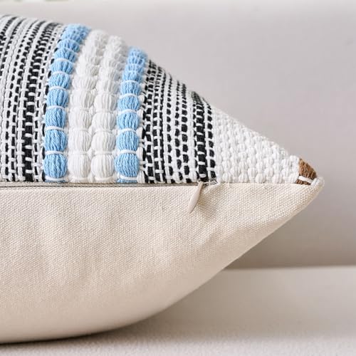 Farmhouse Throw Pillow Covers 18x18 Coastal Blue Boho Decorative Striped Cushion Covers Accent Pillows Square Rustic Textured Woven Bohemian Neutral Pillowcase for Sofa Couch Bed Living Room,Set of 2 - color: Blue, size: 18" x 18" (Pack of 2)
