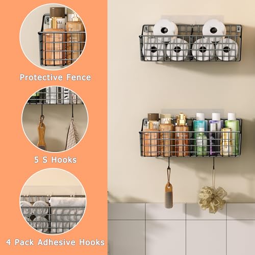 4 Pack EXTRA LARGE Hanging Wall Mount Storage Baskets With Divider, Metal Wire Basket With 4 Strong Adhesive Hooks +5 S Hooks,Organizing Wall Shelf for Home Kitchen Bathroom Pantry Garage RV, Black - size: 16.14''L x 6.06''Wx 5.91'' H- With Divider-4Pack