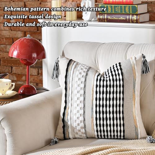 AmHoo Set of 2 Chenille Striped Textured Boho Throw Pillow Covers Aesthetic with Tassels Woven Decorative Pillow Case for Couch Bed Sofa Bedroom Modern Funky 18 x 18-Inch Black - color: Black, size: 18" x 18" (Pack of 2)