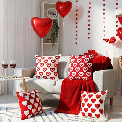 Fourluoo 4 Pcs Valentine's Day Throw Pillow Covers 18x18 Inch Soft Heart Decorative Pillowcase Plush White Red Soft Plush Pillow Covers Cushion Case Decorations for Sofa Living Room Valentine Gift - style: Heart