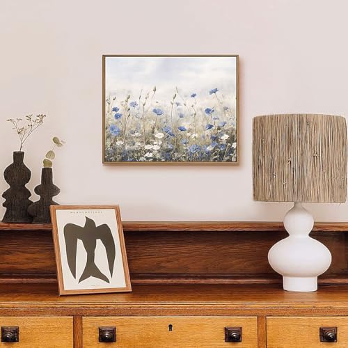 Vintage Floral Wall Art Blue White Flower Canvas Art Prints Wildflower Pictures Wall Decor Nature Landscape Oil Painting Framed Botanical Artwork for Girls Room Bedroom Farmhouse Decoration, 8x10 Inch - color: Blue White Flower, size: 10"L x 8"W
