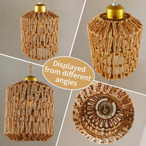 Hand-Woven Hemp Rope Pendant Light, Shell-Shaped Boho Ceiling Lamp with Adjustable Height, E26 Base, Gold Finish, 6 Inch Diameter for Living Room/Bedroom/Dining Areas, cafes & entryways - color: 6”drum-shaped