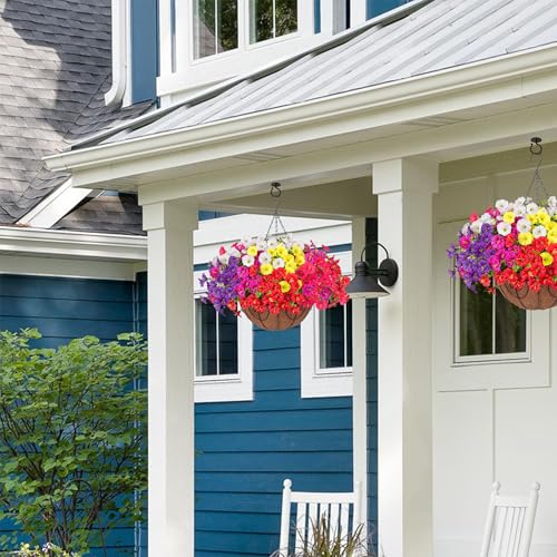 Artificial Faux Hanging Flowers Plants Basket for Outdoors, Silk Morning Glory with Eucalyptus in Planter Look Real UV Resistant Fake Flowers for Porch Outside Patio Balcony Yard Indoor Summer Decor - color: Multi-color (6 Colors)