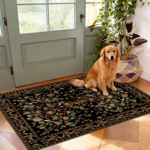 Entryway Rug 2x3 Washable, Black Non-Slip Small Area Rug, Boho Floral Botanical Low Pile Carpet for Front Door, Bathroom, Kitchen - color: Black, size: 3' x 2' (Rectangular)