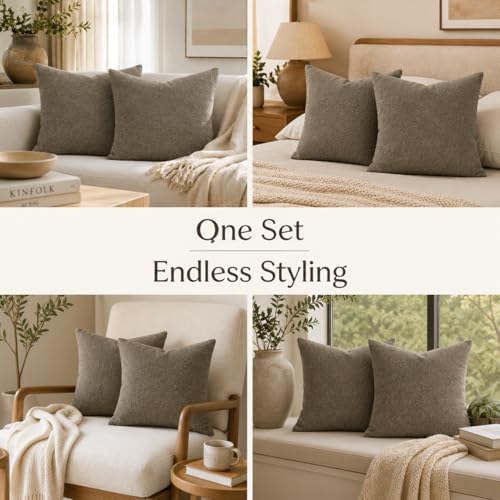 JoraLion 24x24 inch Boucle Throw Pillow Covers, Brown Woven Texture Neutral Pillow Cover Breathable Cushion Case for Couch Sofa Bed Living Room Home Decor, Pack of 2, No Insert - color: Brown, size: 24" x 24" (Pack of 2)