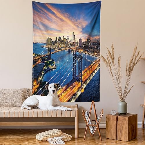 Ambesonne Landscape Tapestry, American City Sunset over Manhattan and Brooklyn Bridge Cityscape Picture Print, Wall Hanging for Bedroom Living Room Dorm Decor, 40" X 60", Blue Orange - color: Blue Orange, size: 60"L x 40"W