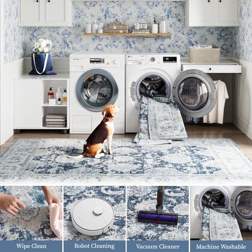 jinchan Fiora Floral 2x3 Rug for Entryway - Vintage Washable Small Non-Slip Distressed Indoor Doormat Ultra-Thin Low-Pile Accent Rug for Entrance Kitchen Bedroom Bathroom (2x3ft, Dark Blue) - color: Distressed Dark Blue, size: 2' x 3' (Light Weight)