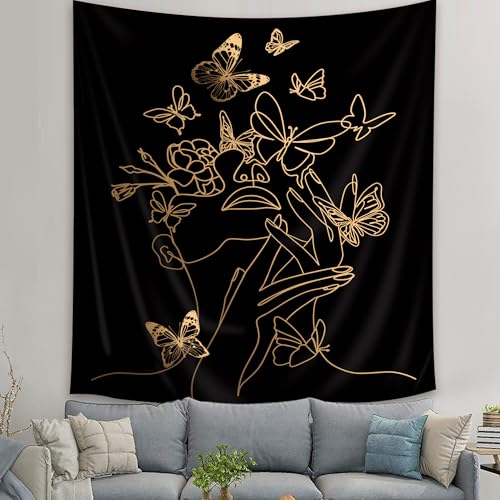 SVBright Simple Woman Flower with Butterfly Fabric Wall Hanging Tapestry 51Wx59H Inch Art Line Aesthetic Modern Minimalist Sketch Wall Black Gold Hanging Home Decor Art for Living Room Bedroom Dorm - color: Black Simple Woman, size: 59"L x 51"W