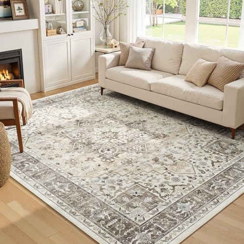 5x7 Neutral Camel Farmhouse Bedroom Rug - Vintage Traditional Oriental Brown Area Rugs for Living Room, Nursery Room, Washable Boho Distressed Floral Non-Slip Rug Low Pile Stain Resistant - color: Camel, size: 5' x 7' (Rectangular)
