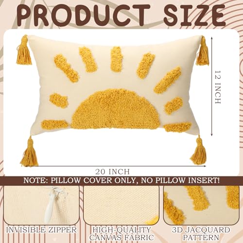 2 Pcs Sun Tufted Lumbar Pillow Cover 12x20 Inch Boho Velvet & Canvas Throw Pillow with Tassels, Yellow Cream Decorative Accent Pillows for Bed, Couch, Living Room & Farmhouse Decor - style: Small Sun