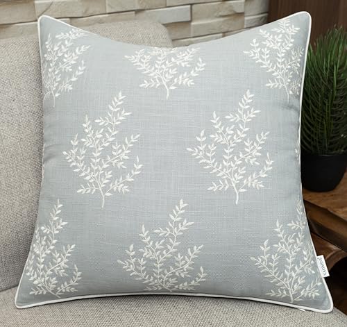VAGMINE Embroidered Fern Botanical 18x18 Throw Pillow Cover - Blue Grey Cotton Square Cushion for Sofa Couch Bed - Cottagecore Farmhouse Home Decor - Leaves - color: Robins Egg-leaves, size: 18" x 18" (Pack of 1)