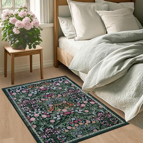 Entryway Rug 2X3 Small Rugs: Floral Washable Door Mat Vintage Soft Low Pile Non-Slip Kitchen Rugs Stain Resistant Indoor Throw Rug for Entrance, Bedroom, Kitchen, Laundry, Bathroom Dark Green - color: Dark Green, size: 2' x 3' (Rectangular)