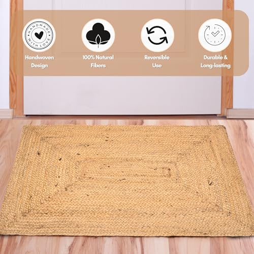 INDIAN ARTISTIC Jute Cotton Rag Rug 2X3 ft | Hand Woven & Reversible | Living Room | Kitchen | Jute Burlap Cotton 24x36 inch | Rustic Look | Natural Look | Runner 2 * 3 Feet