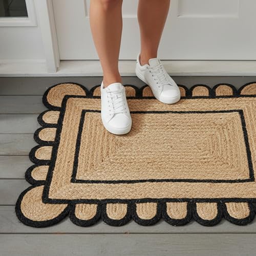 Braided Scalloped Jute Rug Natural with Black Trim, Handmade Farmhouse Boho Area Rug for Entryway, Kitchen, Hallway, Living Room, Bedroom, Rustic Woven Floor Rug - (Black- 2X3 ft) - size: 2' x 3' (Rectangular)