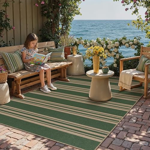 PureCozy Striped Easy Jute Rug 4x6 Green Entryway Carpet Washable Non Slip Office Door Mat Farmhouse Neutral Non Shedding Small Indoor Outdoor Rug for Bathroom Kitchen Bedroom Living Room - color: Green/Striped, size: 4' x 6' (Rectangular)