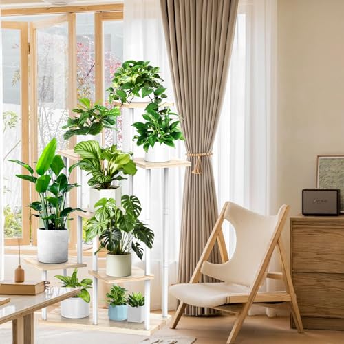 7 Tier Plant Stand Indoor, Thickened Metal Wood Corner Plant Shelf Stands for Multiple Plants, Indoor Tall Plants Stand Tiered Flower Holder for Living Room Patio Garden Balcony(White+Oak) - color: White+Oak, size: 7 Tier