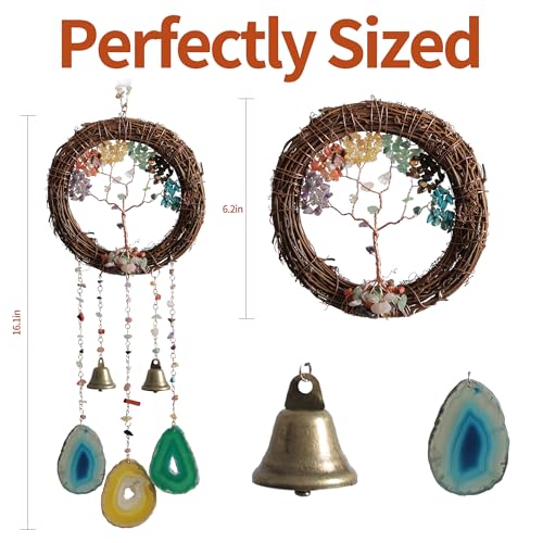 Handmade Natural Rattan Dream Catcher with Gemstones, Wind Chimes & 6-Color Life Tree–Boho Wall Hanging Decor for Home, Bedroom, Garden–Unique Gift for Housewarming, Birthday, Christmas - style: Rattan-Whine