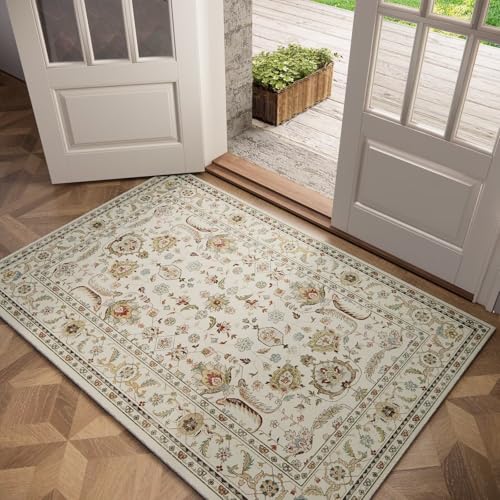 Washable 2x3 Entryway Rug, Boho Non-Slip Door Mat Vintage Distress Small Rugs for Kitchen Nursery Office Bedroom, 0.3" Neutral Oriental Throw Carpet with Cushioning Pad, Beige/Rust/Multi, B1 - color: Beige/Cream/Rust/Green/Multi, size: 2' x 3' (Rectangula