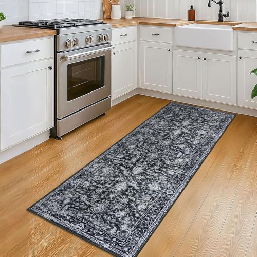 KILOCOCO Washable Runner 2x5 Rug Runner Printed Vintage Floral Kitchen Runners Non-Slip Rubber Backed Runners for Hallways Distressed Thin Soft Rugs for Entryway Laundry Room, Black/Navy/White - color: Black/White, size: 2' x 5' (Runner)