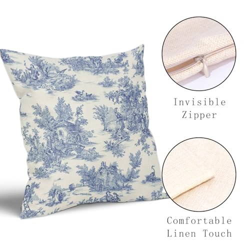 Blue Toile Pillow Covers 18x18 Inch Set of 2 Navy Blue and Beige French Country Cotton Linen Decorative Throw Pillow Case Cottage Vintage Cushion Cover for Bedroom Sofa Living Room Chair Home Decor - color: French Country Blue, size: 18" x 18" (Pack of 2)