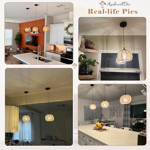 Mini Hemp Rope Woven Pendant Light Woven Light Fixture Boho Chandelier Light Fixture Wicker Pendant Light Rattan Light Pendant Dome Wicker Chandelier for Bedroom Kitchen Island(Bulb Incl.) - color: 8.7" Natural