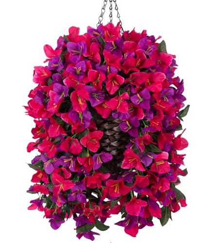 Bougainvillea Artificial Hanging Fake Flowers with Basket for Outdoors Decoration, Faux Silk Flowers UV Resistant Fake Plants Long Vines Realistic for Outside Front Door Porch Patio, Fuchsia Hotpink - color: Fuchsia Hotpink