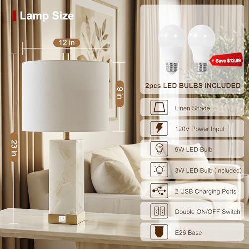 Scenekoy 23" Alabaster Table Lamps Set of 2 for Living Room Bedroom, Bedside Lamps with USB A+C Ports, Modern Table Lamp with Linen Shade for Living Room Bedroom Nightstand (Bulbs Included) - color: White-2