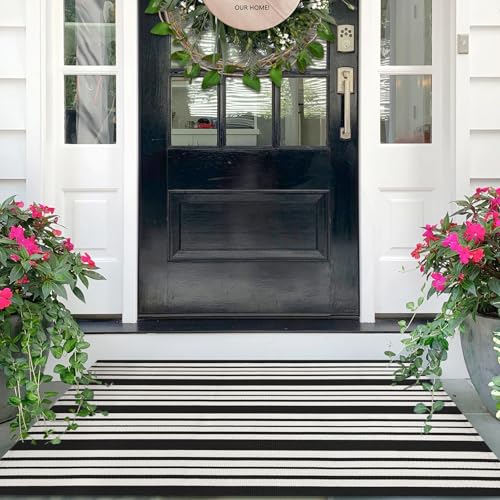 IOHOUZE Black and White Striped Rug 2.3'x3.6' Front Door Rugs Outdoor, Small Washable Area Rug for Front Porch, Spring Summer Doormats Outdoor Indoor, Cotton Rugs for Entryway Porch Entrance - color: Black and White Stripe, size: 2'4" x 3'8" (Rectangular)