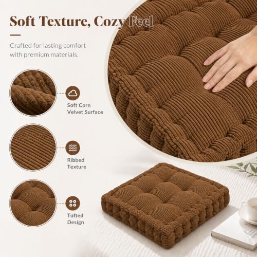 ChezMax Floor Pillow & Cushion, Large Meditation Chair Cushions, Thick Square Seat Pad, Soft Velvet Tufted Seating Pouf for Indoor/Outdoor Yoga Bench Rocking Chair Room Tatami Sofa, Brown 18" x 18" - color: Brown M