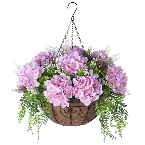 Ammyoo Artificial Flowers in Hanging Basket Planter for Home Spring Summer Decoration, Silk Hydrangea Outdoor Indoor Arrangements, 12" Metal Coconut Lining Basket with Faux Plant(Pink) - color: Z-pink With Basket