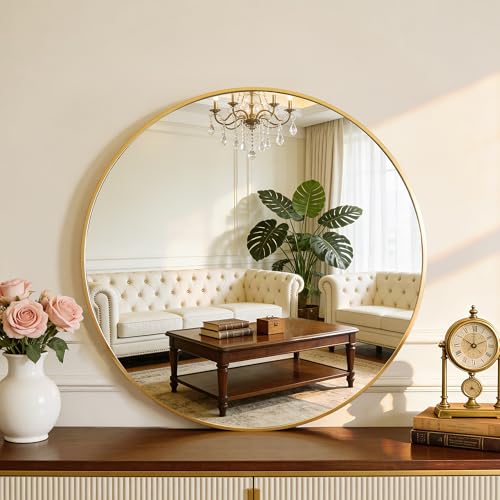NEWBULIG 28IN Round Bathroom Wall Mirror, Modern Vanity Mirrors for Over Sink, HD Glass Decorative for Entryway, Bedroom & Living Room, Anti-Rust, Tempered Glass, Hanging or Leaning, Gold - color: Gold, size: 28"L x 28"W