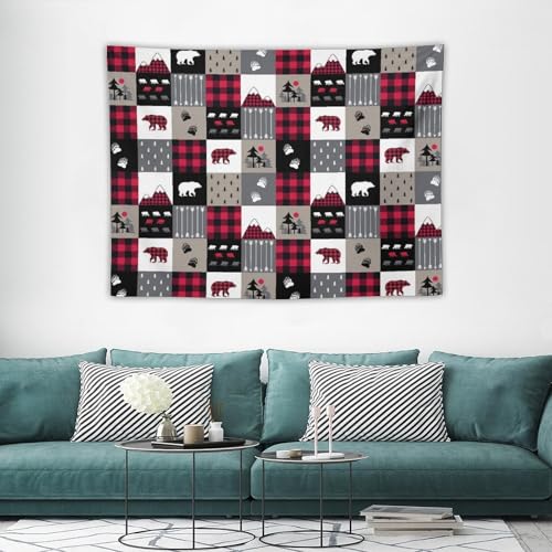 ZhiRain Cabin Retro Rustic Lodge Tapestry Wall Hanging Bear Country Hunting Wild Animal Plaid Check Tapestries Home Decor for Living Room Bedroom Farmhouse Apartment Dorm 30"x40" - color: Cabin-1, size: 30"L x 40"W