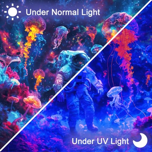 CRAFTYMELODY Astronaut Blacklight Tapestry Glow in the Dark Tapestry UV Reactive Colorful Jellyfish Wall Hanging 59×51 Inch with Hook Self Adhesive Sticker Clip for Bedroom Home Wall Decoration - color: Jellyfish Astronaut