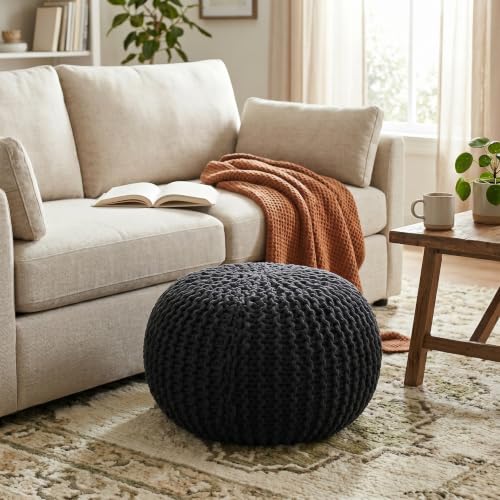 BIRDROCK HOME Round Pouf Ottoman Foot Rest - 18.5”x18.5”x15” Boho Compact Comfortable Soft Cotton Braided Foot Stool with Bean Bag Filling for Living Room, Bedroom, or Nursery (Black) - color: Black