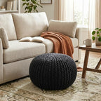 BIRDROCK HOME Round Pouf Ottoman Foot Rest - 18.5”x18.5”x15” Boho Compact Comfortable Soft Cotton Braided Foot Stool with Bean Bag Filling for Living Room, Bedroom, or Nursery (Black) - color: Black