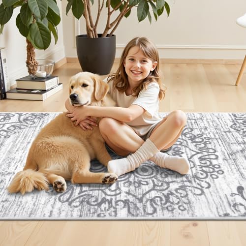 HEBE Hallway Runner Rug 3'x8' Washable Vintage Distressed Area Rugs Non Slip Laundry Rug Runner Boho Floor Carpet Runners for Hallways Entryway Laundry Room Kitchen Bathroom - color: Grey, size: 3' x 8' (Rectangular)