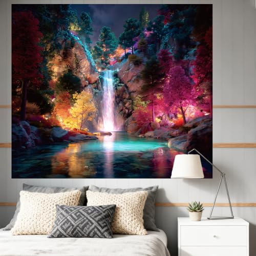 CRAFTYMELODY Waterfall Blacklight Tapestry Glow in the Dark Tapestry UV Reactive Neon Forest Lake Wall Hanging 59×51 Inch with Hook Self Adhesive Sticker Clip for Bedroom Home Wall Decoration - color: Waterfall