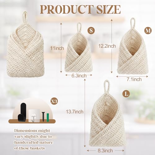 Honeydak Boho Decor Hanging Wall Baskets for Kitchen 3 Pack Teardrop Baskets with Hooks Storage Fruit Onion Vegetable Potato for Home 3 Sizes (White,Triangle,Cotton Rope) - color: White, size: Cotton Rope, style: Triangle