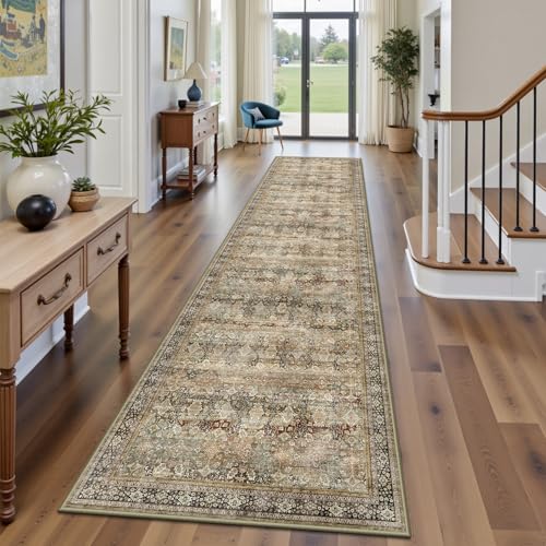 2x8 Hallway Runner Rug, Washable Vintage Retro Long Runner Rugs for Kitchen Laundry, Soft Ultra Thin Non Slip Low Pile Traditional Distressed Boho Carpet for Bedroom Bathroom, Charcoal Olive - color: B-charcoal / Olive, size: 2x8