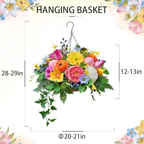Soomeir Artificial Hanging Flowers Basket for Outdoor, Faux Hanging Plants, Garden-Style Mixed Blooms with Roses, Dahlia & Gerbera, Decorative Fruit & Lush Greenery for Porch, Patio, Balcony
