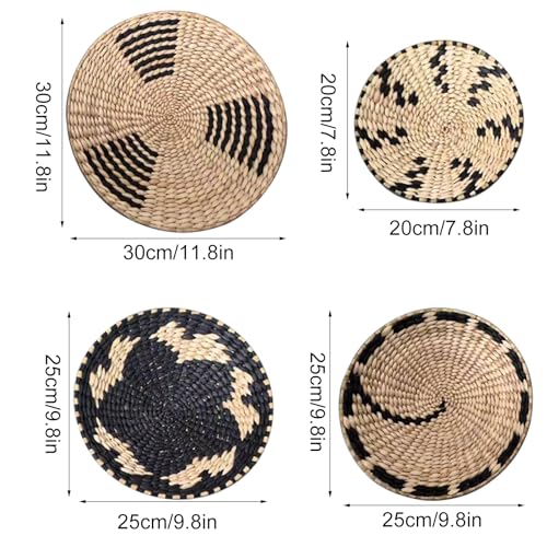 Round Wicker Basket Wall Decor, Set of 4 Hanging Woven Wall Basket Decor Black, Boho Wall Basket Decor Art for Farmhouse Living Rooms Bedrooms Display