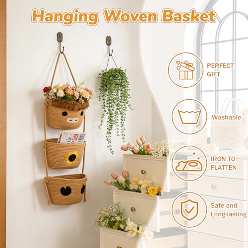 3 Tier Hanging Highland Cow Fruit Basket-Woven Cotton Wall Basket, Hanging Oval Produce Over Door Decorative Vegetable Gift Storage 0rganizer Bin for Kitchen, Bedroom, Bathroom, Nursery - color: Beige