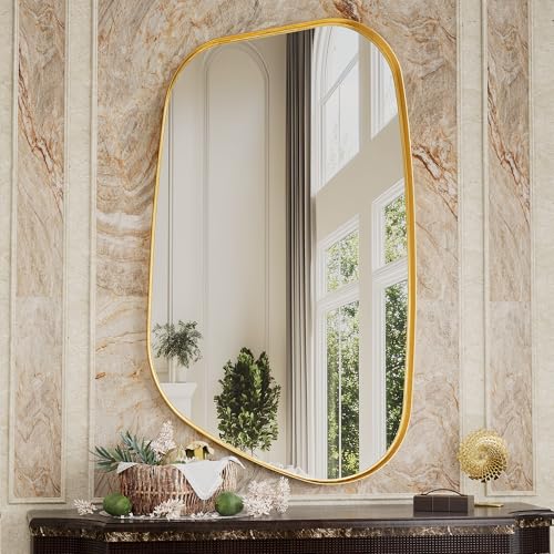 Irregular Wall Mirror 55"x28" Bathroom Mirrors Asymmetrical Artistic Decorative for Living Room Bedroom Bathroom Hallway Entryway,Trapezoid,Gold - color: Gold, size: 55"L x 28"W