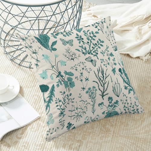 AEIOAE Summer Pillow Covers 16x16 Inch Set of 2,Teal Green Wild Flower Plant Throw Pillows Case,Seasonal Floral Outdoor Decorative Square Linen Farmhouse Decor Cushion Covers for Home Sofa Bed Couch - color: Teal Wild Floral, size: 16" x 16" (Pack of 2)